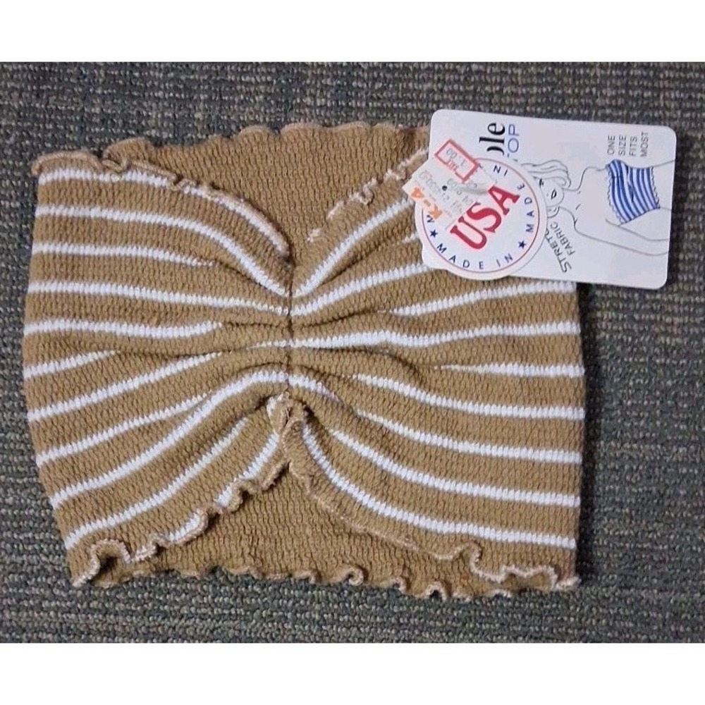 Vtg Tan White‎ Striped Tube Top Ruched  Cotton Knit Bandeau One Size 1980's NOS